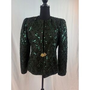 Vintage Forest Green Sequin Lace Blazer Jacket Rhinestone Fan Clasp 80s Glam 6